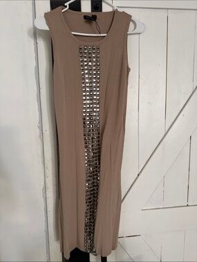 BCBGMaxAzria Taupe Sleeveless Midi Dress with Metallic Stud Accents